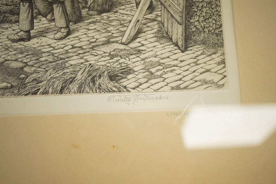 Stanley Anderson RA, RE (1884-1966), 'Good Companions' and 'Three Good Friends', each signed in pencil and Ed. 65, pair of line engravings together with a print after Sir Edwin Landseer R.A., Study of a horse ridden by H